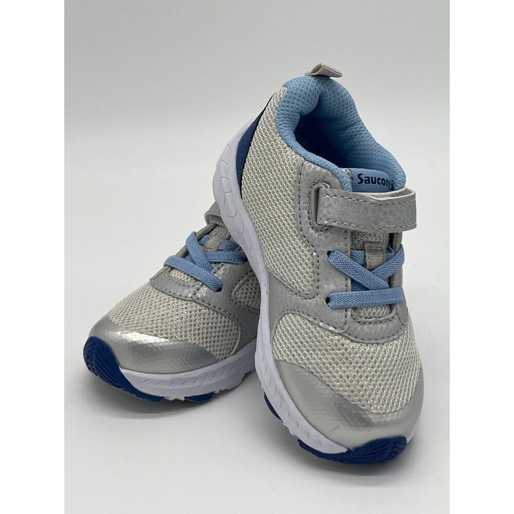 Saucony Kids Athletic Sneakers Size 7M Silver & Blue With Velcro & Laces